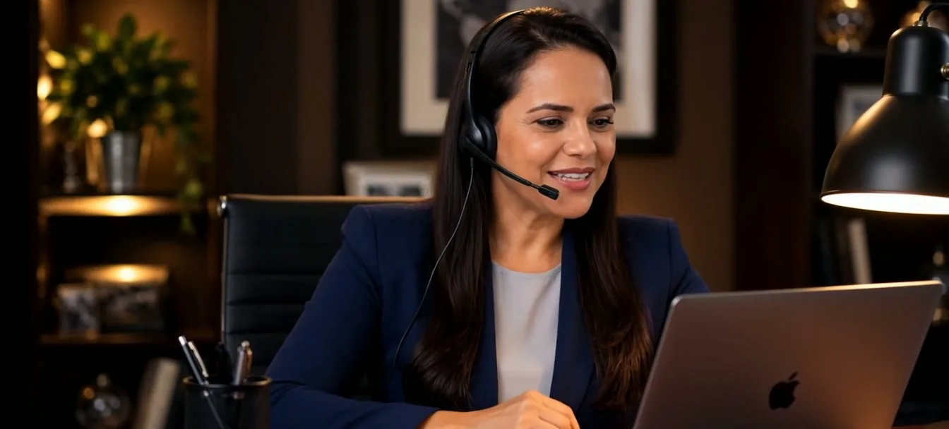 Raabe Silva de headset, atendendo no escritório